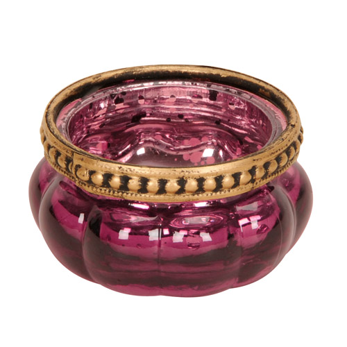 Teelichtglas Vintage in Beere verspiegelt mit Metallrand in Antik-Gold, 60 mm.