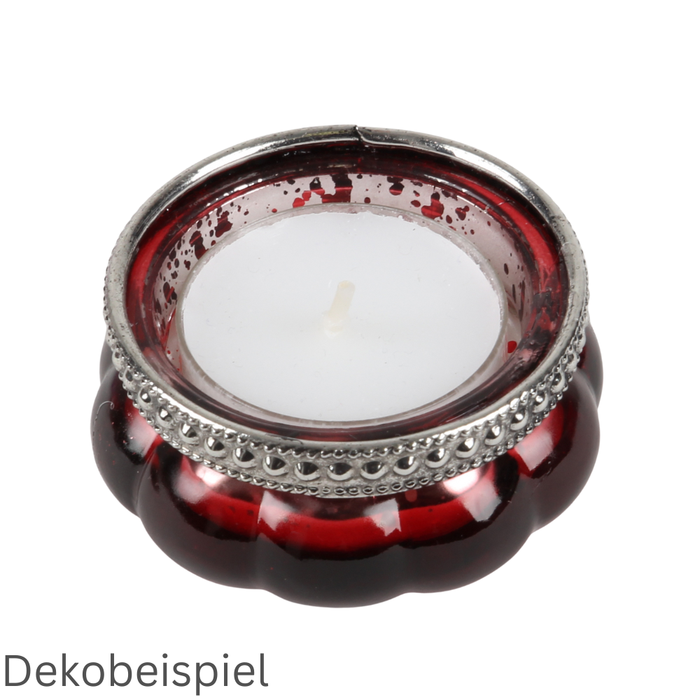 Teelichtglas Vintage in Rot verspiegelt mit Metallrand in Silber, 60 mm, Dekobeispiel mit Teelicht.