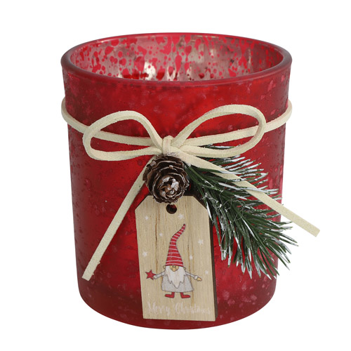 Teelichtglas Weihnachten mit Verzierung, in Rot, 79 mm.