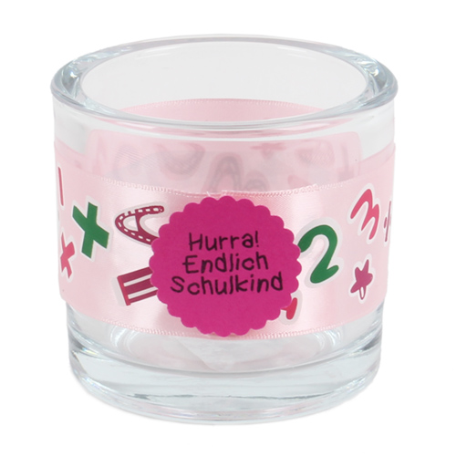 Kerzenglas Einschulung mit Band, Button in Rosa/Pink, 80 mm.