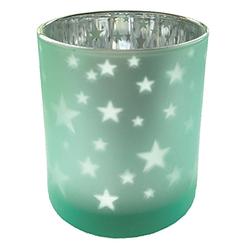 Großes Teelichtglas Sterne in Mintgrün/Silber, 10 cm.