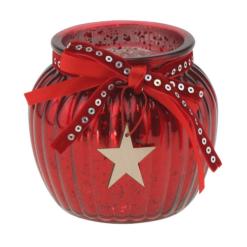 Glas Windlicht, Weihnachten mit Holz Stern in Rot, verspiegelt, 10,5 cm .