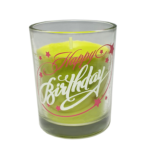 Teelichtglas -Happy Birthday- mit Kerze in Grün, leuchtet im Dunkeln, 65 mm.