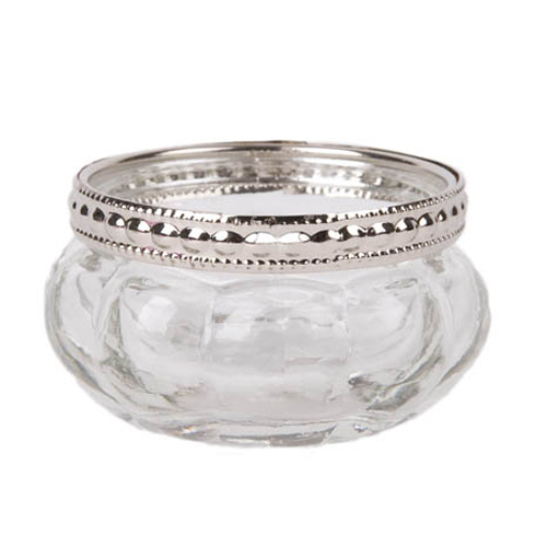 Teelichtglas Vintage klar mit Metallrand in Silber glänzend, 60 mm.