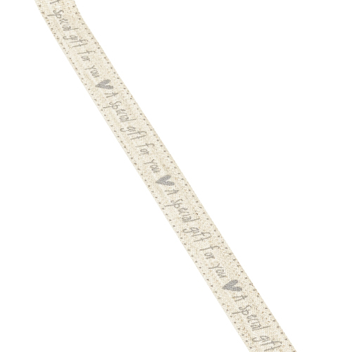 20 Meter Leinen-Optik Geschenkband -A special gift for you- in Hellbraun/Grau, 15 mm.