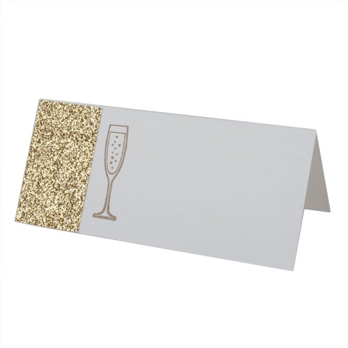 Tischkarte Geburtstag Glitzer, Sektglas in Gold/Weiß.