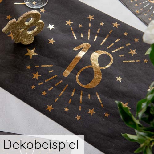 Dekobeispiel für 5 Meter Vlies Tischläufer Geburtstag -18- in Schwarz/Gold, 30 cm.