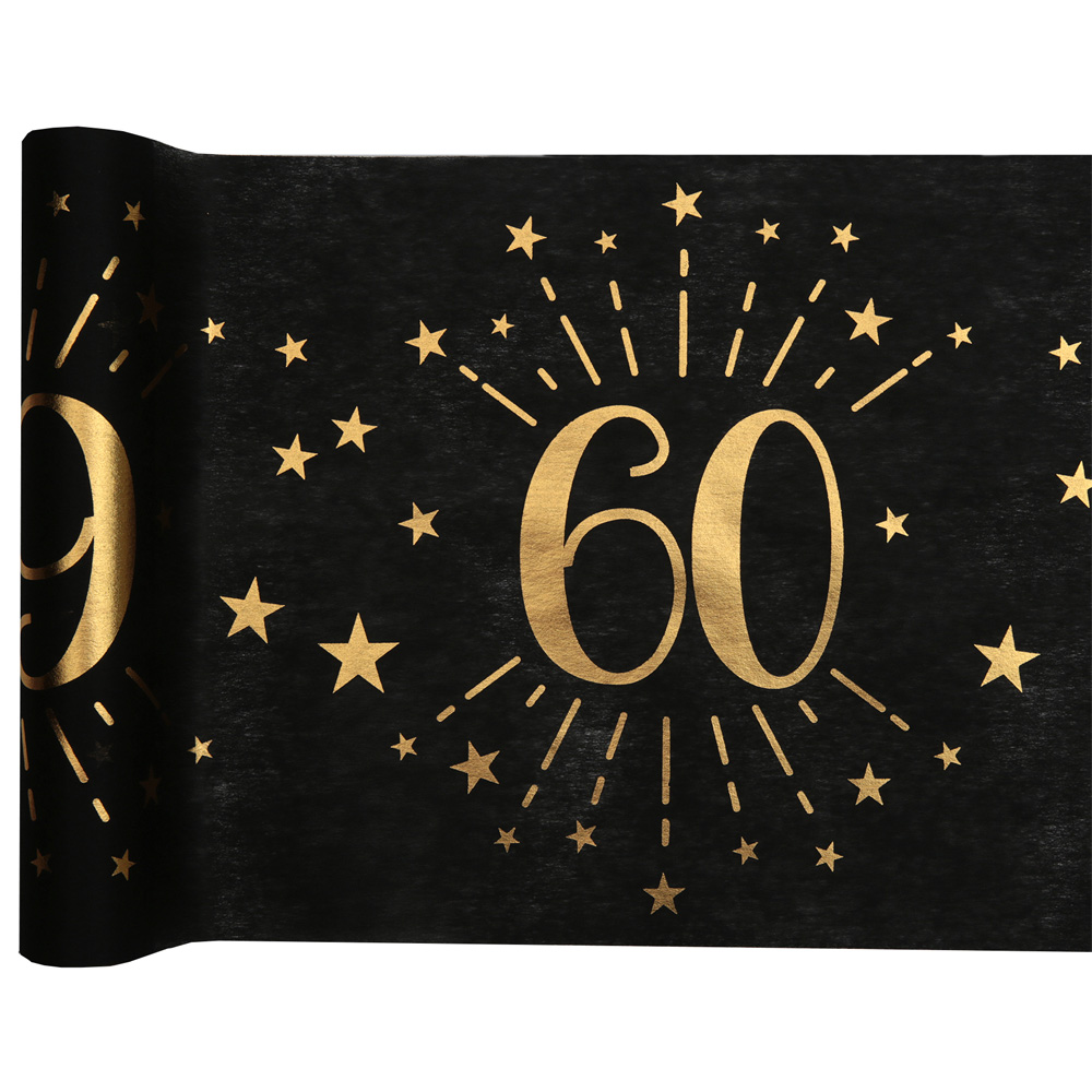 5 Meter Vlies Tischläufer Geburtstag -60- in Schwarz/Gold, 30 cm.
