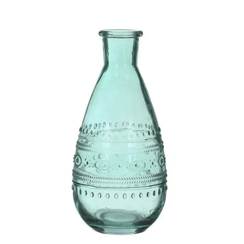 Glas Flaschen Vase bauchig in Aqua, 15,8 cm, Muster 1.