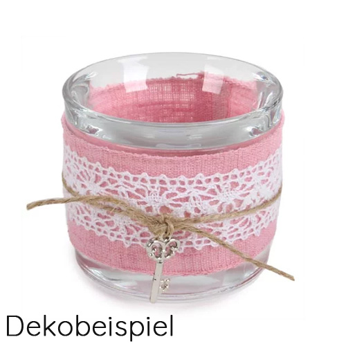 Vintage Teelichtglas mit Leinenband in Rosa, Spitzenband in Weiß, Sisalschnur und Schlüssel, 65 mm.