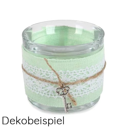 Vintage Teelichtglas mit Leinenband in Mintgrün, Spitzenband in Weiß, Sisalschnur und Schlüssel, 65 mm.