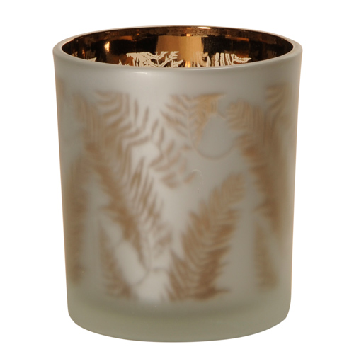 Teelichtglas Blätter in Weiß/Bronze verspiegelt, 80 mm.
