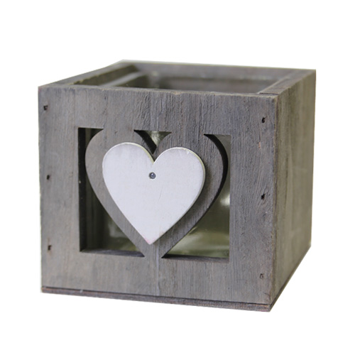 Holzbox mit Teelichtglas, Herzen in Grau/Weiß, 95 mm.