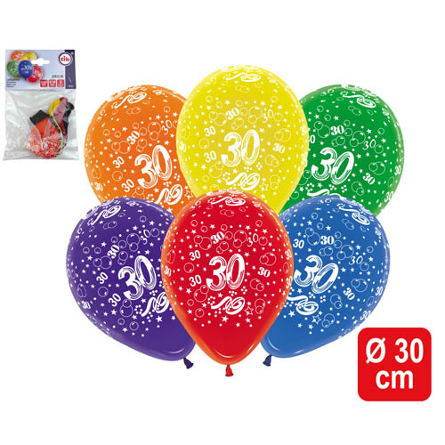 5er Pack Zahlenluftballons 30, Geburtstag, Jubiläum, bunt.
