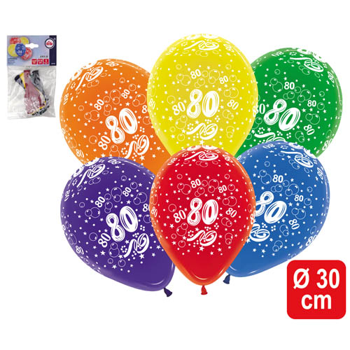 5er Pack Zahlenluftballons 80, Geburtstag, Jubiläum, bunt.