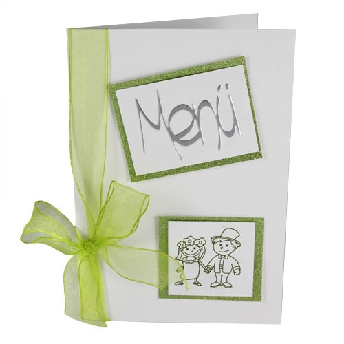 Menükarte Hochzeit, Brautpaar in Weiß/Grün.