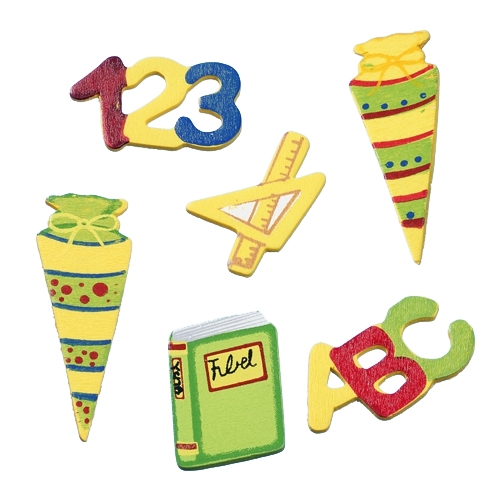 12er Päckchen Schulsymbole mit Klebepunkt zur Einschulung.