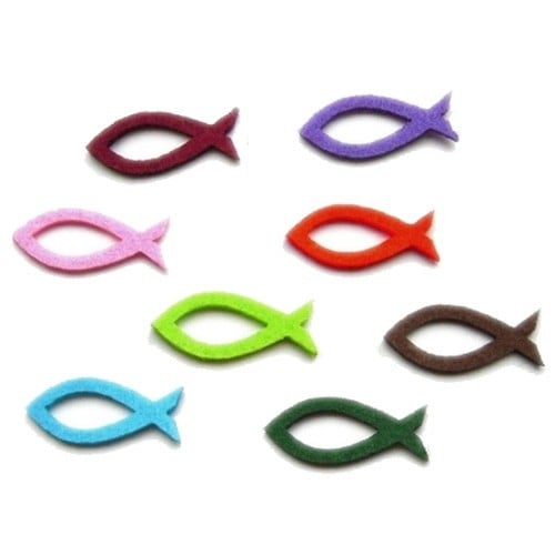 8 bunt gemischte Kommunion Fische aus Filz, 45 mm.