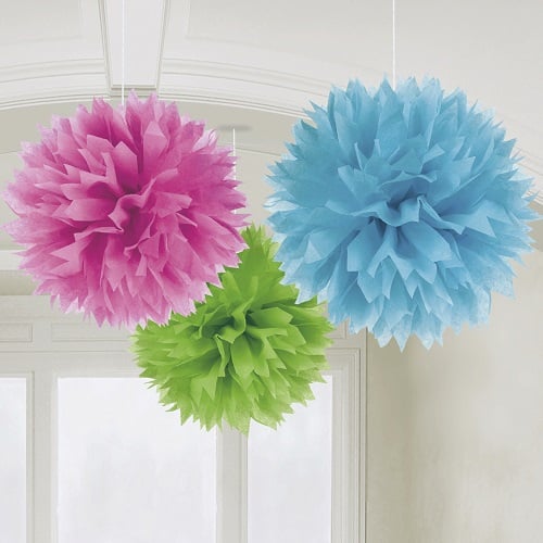 3 Pompons zur Raumdeko, bunt, 40 cm