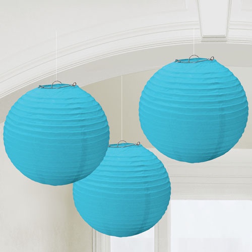 3 Papier Lampions in Blau, 24 cm