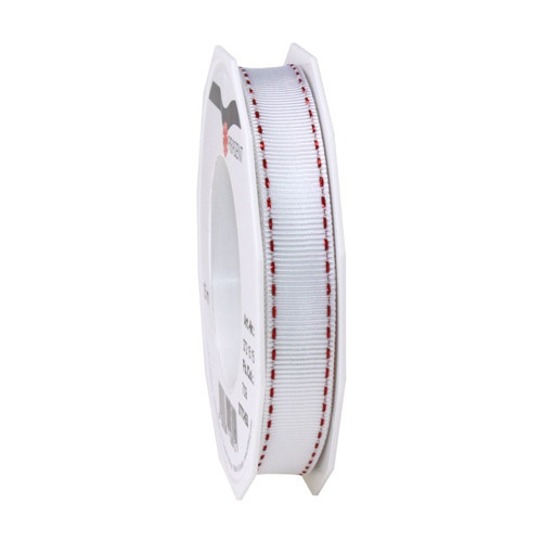 15 Meter Tischband, Geschenkband Stitches in Weiß/Rot-Metallic, 15 mm.