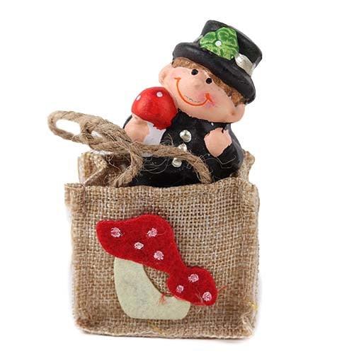 Gastgeschenk Silvester Schornsteinfeger mit Fliegenpilz im Jutebeutel.