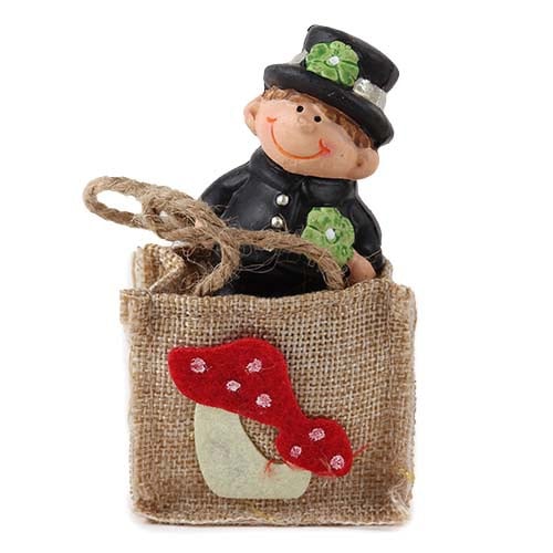 Gastgeschenk Silvester Schornsteinfeger mit Kleeblatt im Jutebeutel.
