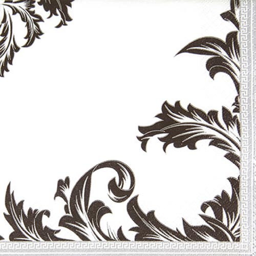 20er Pack Servietten Ornamentmotiv in Schwarz/Silber, 33 x 33 cm.