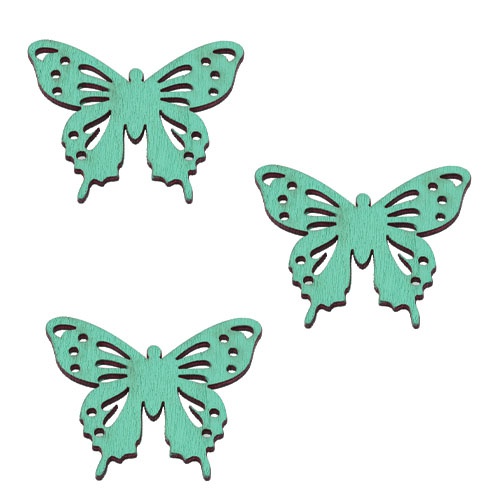6 Holz Ornament Schmetterlinge in Türkis, 38 mm