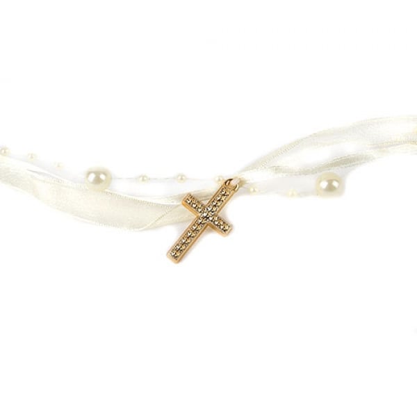 5 Meter Trendy Band mit Perlen und Kreuzen in Creme/Gold