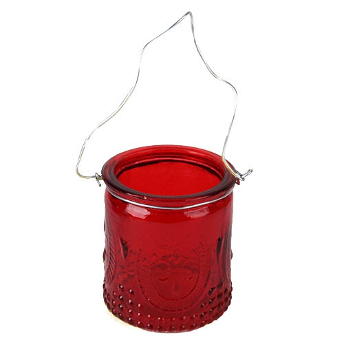 Teelichtglas Lilienmotiv mit Henkel in Rot.