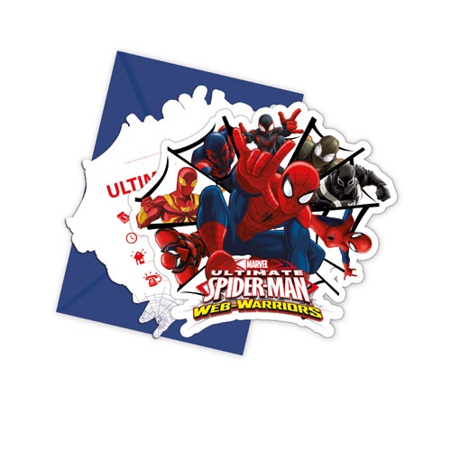 6 Einladungskarten Spider Man Web Warriors mit Umschlag