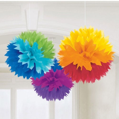 3 Pompons zur Raumdeko, Regenbogenfarben, 40 cm
