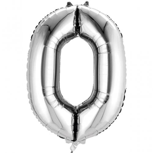 Folien Zahlenluftballon 0 in Silber, ohne Helium.