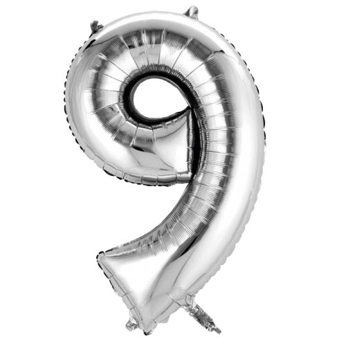Folien Zahlenluftballon 9 in Silber, ohne Helium verwendbar.
