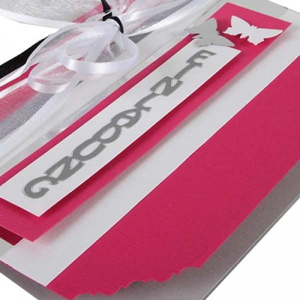 Einladungskarte Schmetterlinge, Schleife in Pink.