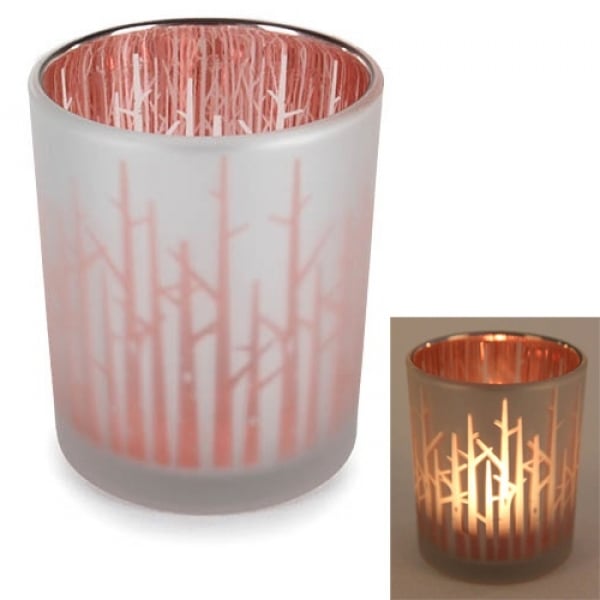 Teelichtglas Wald verspiegelt in Rosé-Weiß, 75 mm