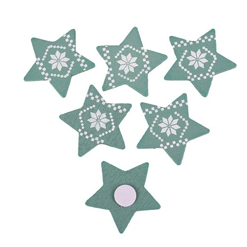 6 Holz Sterne mit Weihnachtsmuster und Klebepunkt in Mint/Weiß, 35 mm.