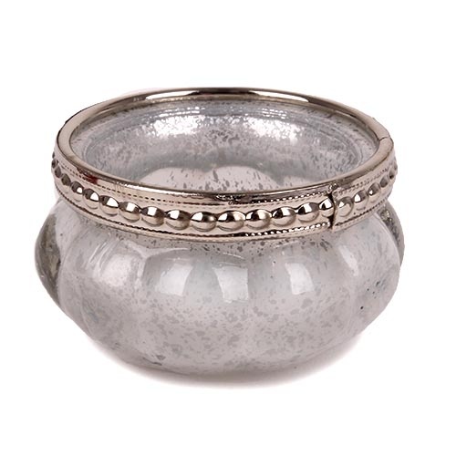 Teelichtglas Vintage mit Metallrand in Weiß-Silber, 35 mm.