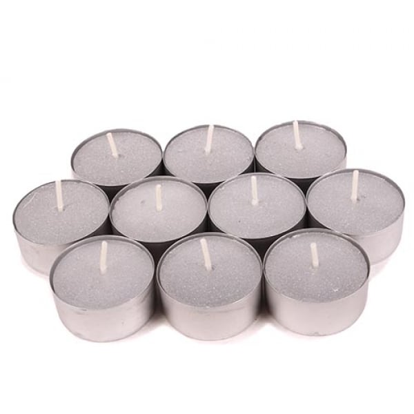 10 Teelichter in Silber Metallic, silberne Alu Hülle, 4 h Brenndauer
