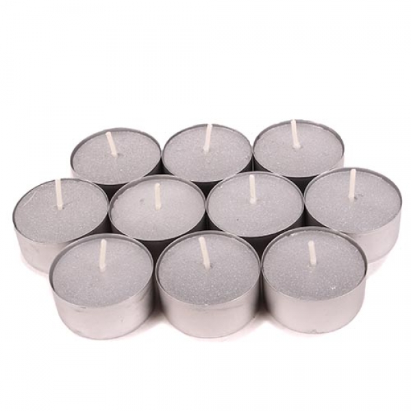 10 Teelichter in Silber Metallic, silberne Alu Hülle, 4 h Brenndauer