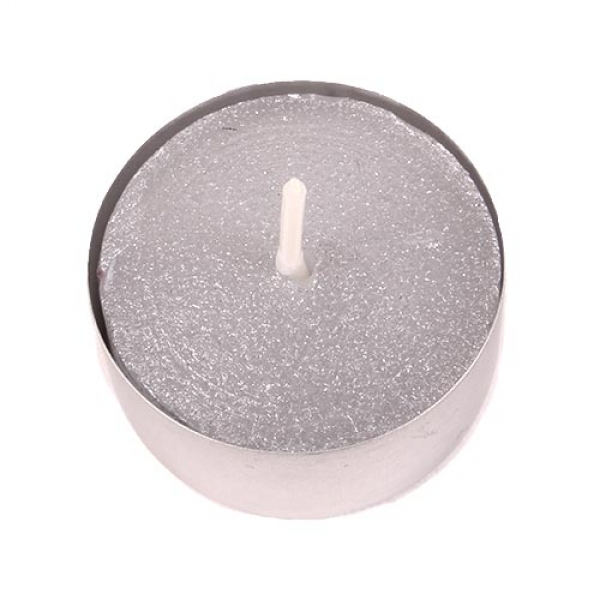 10 Teelichter in Silber Metallic, silberne Alu Hülle, 4 h Brenndauer