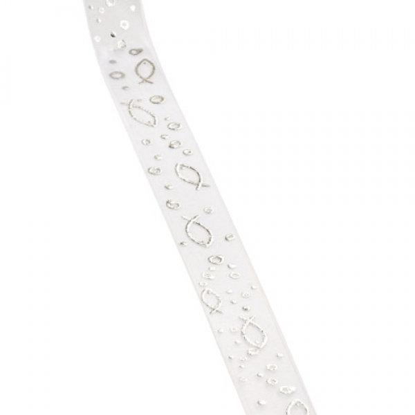 20 Meter Organza Tischband, Fische in Weiß/Silber, 12 mm