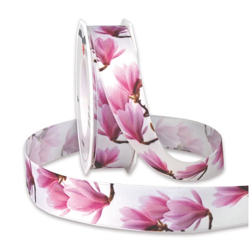 Satin Tischband Magnolien in Weiß/Rosa, 25 mm.
