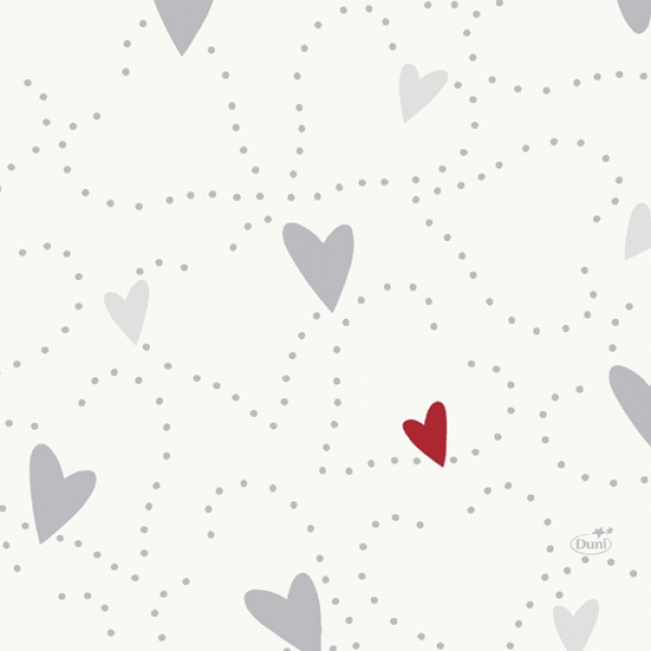 Duni Zelltuch Servietten Love, 33 x 33 cm - mit einem dezent verspielten Herzmotiv in Hellgrau und Rot. Erhältlich bei Tafeldeko.de!