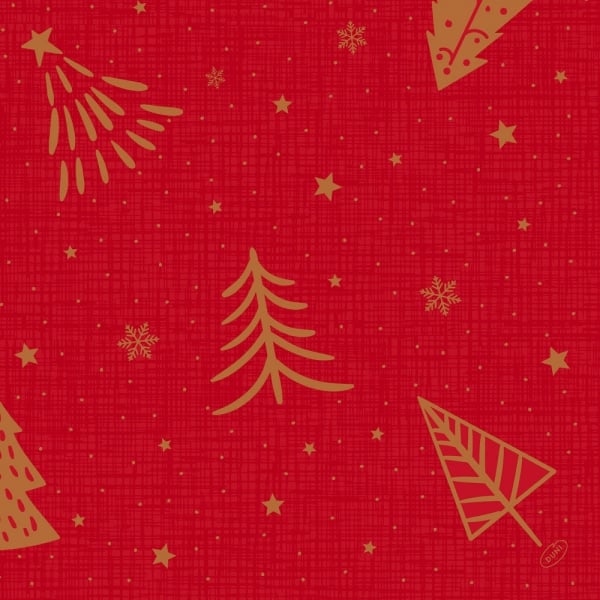Rote Dunisoft Serviette aus der Weihnachtsserie Shimmer Trees mit goldfarbenem Tannenbaum Muster.
