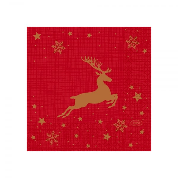 Rote Duni Cocktailserviette Shimmer Trees mit goldfarbenem Rentier und Sternenmuster.