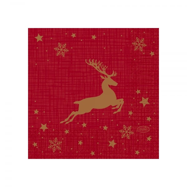 Rote Duni Cocktailserviette Shimmer Trees mit goldfarbenem Rentier und Sternenmuster.
