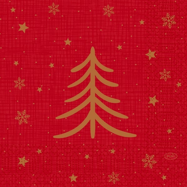 Duni Zelltuch Serviette 33 cm rot mit goldenen Weihnachtsbäumen aus der Serie Shimmer Trees.