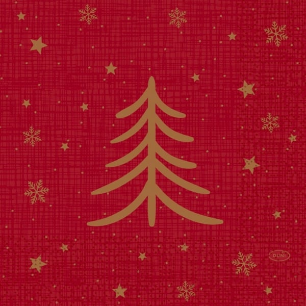 Duni Zelltuch Serviette 33 cm rot mit goldenen Weihnachtsbäumen aus der Serie Shimmer Trees.